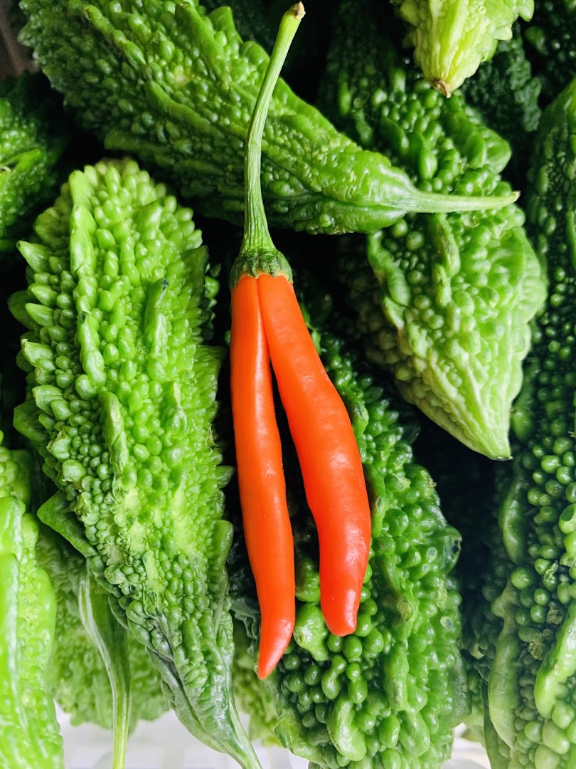 Frische grüne Bittermelonen und rote Chilis